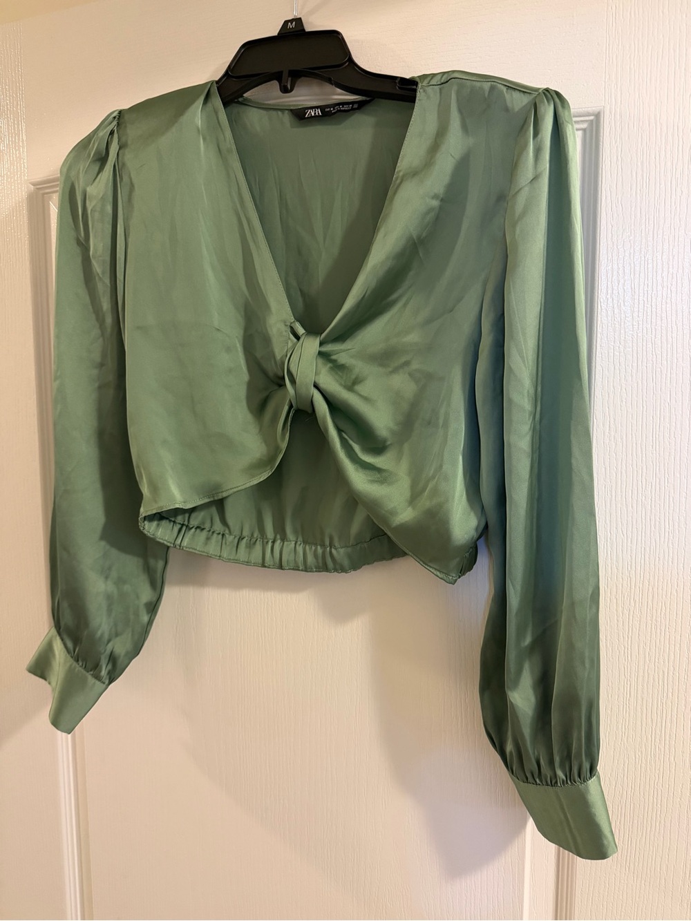Zara Sage Green Satin Tie-Front Cropped Blouse